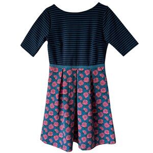 Matilda Jane Women's Peyton Fit Flare Dress Stripe Floral Rose Pockets Retro